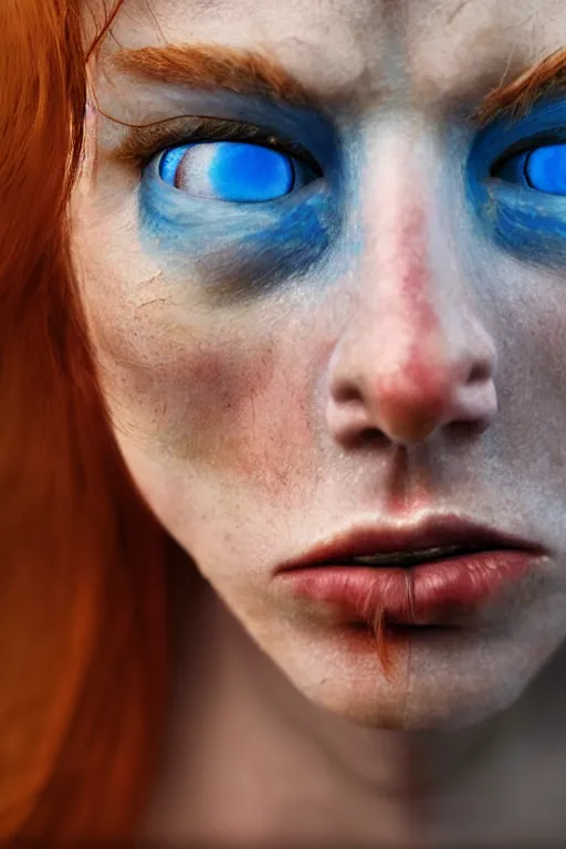 Prompt: outer body projection of beautiful woman, blue eyes, angry look, messy ginger hair, 4 k, cinematic lighting, hdr, highly detailed, ultra fine detail, photoreal, sharp focus, art by zdislav beksinski, rendered in octane, raytraced