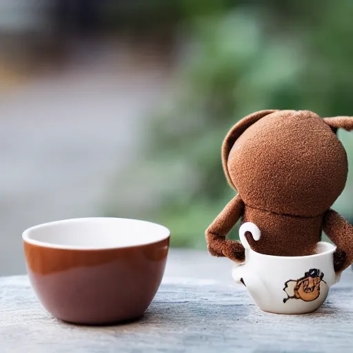 Image similar to a huggable brown chibi plush rabbit muppet monk wearing a wolf skull and dat beside a cup of tea, photorealistic, nature, photography, national geographic, sesame street