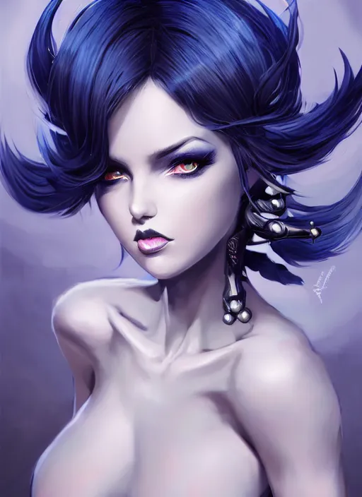 Prompt: a highly detailed illustration of hot beautiful white haired horned demon girl wearing dark blue dress, dramatic flashy seductive pose, perfect body, art by artgerm and greg rutowski and ilya kuvshinov, intricate, elegant, highly detailed, centered, digital painting, artstation, concept art, smooth, sharp focus, league of legends concept art, wlop.