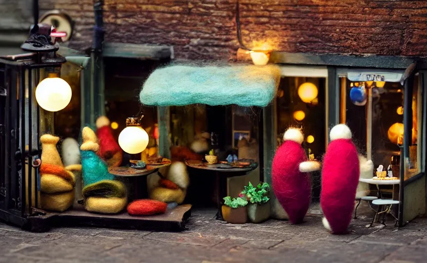 Image similar to miniature cafe diorama, macro photography, cafe with felted bunnies on a date, alleyway, ambient, atmospheric, british, cozy, bokeh, romantic, colorful lanterns