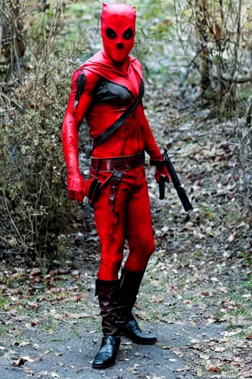 Image similar to red hood cosplay, creepy, disturbing, bloody