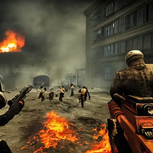 Prompt: second story building shot of John f Kennedy and Vladimir Putin standing back to back shooting hordes of black ops 2 zombies, epic, lots of lava and fire, very detailed faces