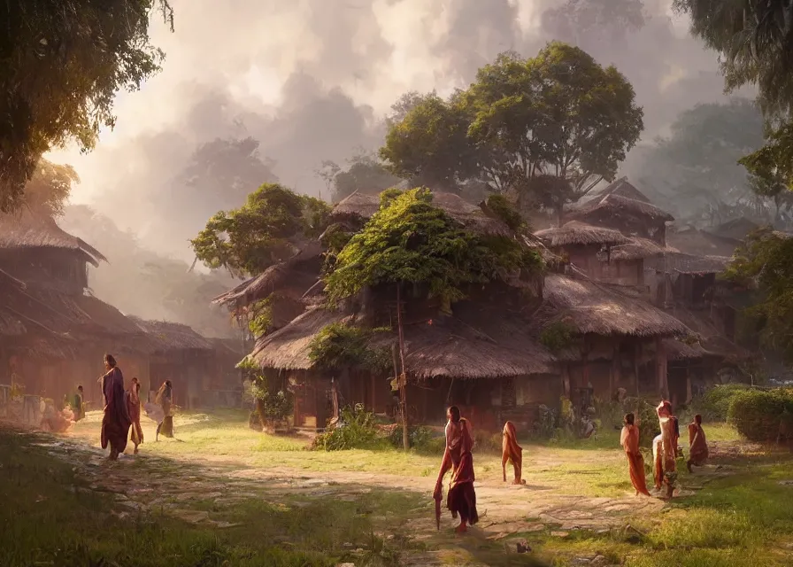 Image similar to kerala village, sharp focus, wide shot, trending on ArtStation, masterpiece, by Greg Rutkowski, by Ross Tran, by Fenghua Zhong, octane, soft render, oil on canvas, colorful, cinematic, environmental concept art