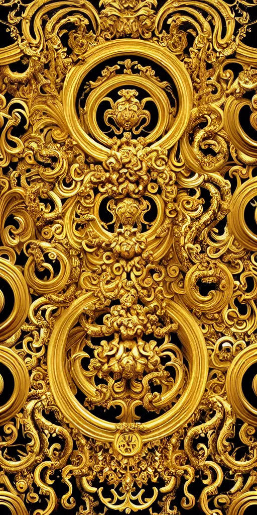 Image similar to the source of future growth dramatic, elaborate emotive Golden Baroque and Rococo styles to emphasise beauty as a transcendental, seamless pattern, symmetrical, large motifs, bvlgari jewelry, rainbow liquid splashing and flowing, Palace of Versailles, 8k image, supersharp, spirals and swirls in rococo style, medallions, iridescent black and rainbow colors with gold accents, perfect symmetry, High Definition, sci-fi, Octane render in Maya and Houdini, light, shadows, reflections, photorealistic, masterpiece, smooth gradients, high contrast, 3D, no blur, sharp focus, photorealistic, insanely detailed and intricate, cinematic lighting, Octane render, epic scene, 8K