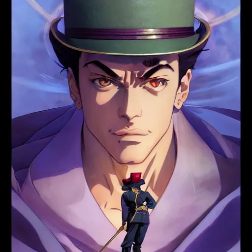 Image similar to highly detailed vfx portrait of jotaro kujo in bologna, makoto shinkai, alphonse mucha, sharp focus, art by artgerm and greg rutkowski!, backlit, harsh overhead sunlight, blue eyes, stanley kybric, takeshi obata, kaoru mori, pixiv, fanbox,