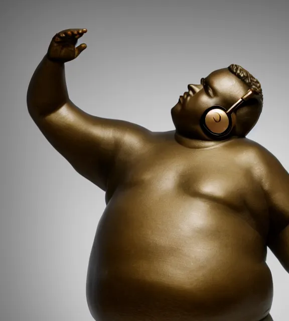 Image similar to a 4 k photorealistic photo medium shot of a bronze statue of a obese young man wearing headphones.