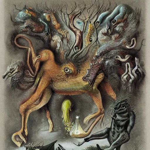 Image similar to surreal bestiary of repressed unconscious emotional creatures