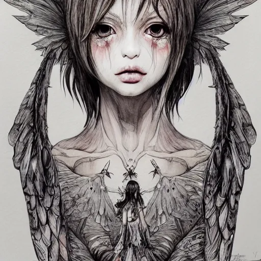 Prompt: portrait of a grungy fairy girl, wearing a hoodie and sweatpants, symmetrical wings, wings made of pizza, basic white background, symmetrical, watercolor, pen and ink, intricate line drawings, by Yoshitaka Amano, Ruan Jia, Kentaro Miura, Artgerm, detailed, trending on artstation, hd, masterpiece,