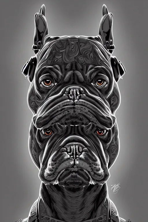 Image similar to a portrait of cyborg bulldog, high - contrast, intricate, elegant, highly detailed, digital painting, artstation, concept art, smooth, illustration