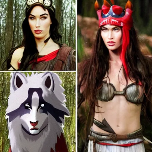 Image similar to megan fox as princess mononoke, comparison between live action and studio ghibli art