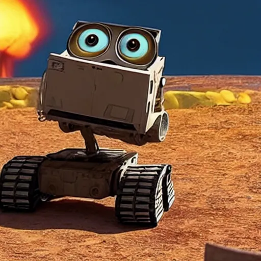 Prompt: wall-e witnessing a nuclear explosion in the distance