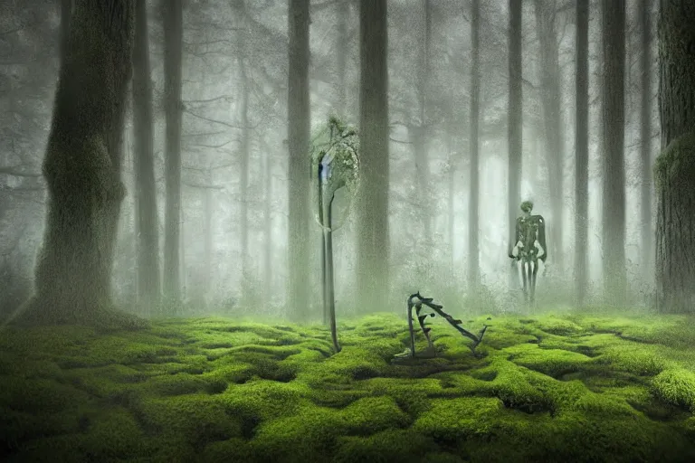 Image similar to human skeleton behind computer overgrown with moss, in foggy forest, at night, dark atmosphere, fantasy illustration, digital art