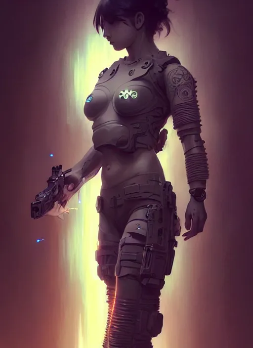 Image similar to girl covered with tattoos wearing tactical gear, intricate lights, bio luminescent, plasma, by ruan jia and artgerm and range murata and wlop and ross tran and william - adolphe bouguereau and beeple. key art. fantasy illustration. award winning, artstation, intricate details, realistic, hyperdetailed, 8 k resolution.