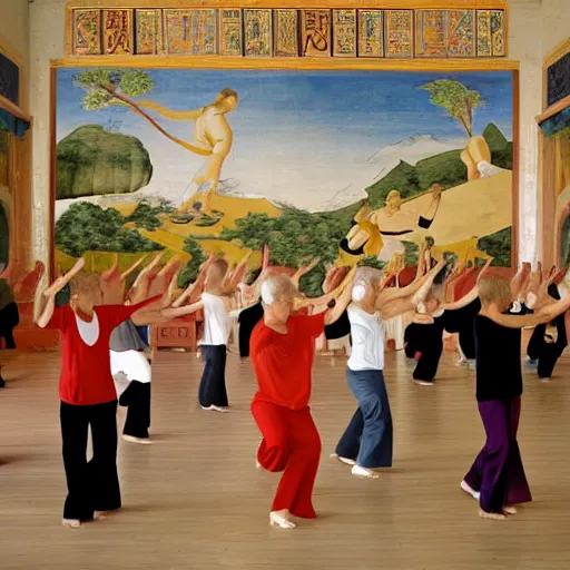 Prompt: tai chi class in the style of a sistine chapel fresco