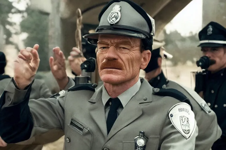 Image similar to close-up of  Bryan Cranston as a policeman in the new movie directed by Wes Anderson, movie still frame, promotional image, symmetrical shot, idiosyncratic, relentlessly detailed, limited colour palette