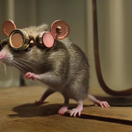 Image similar to a rat with steampunk googles, by gregory crewdson