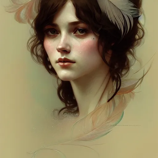 Image similar to A portrait of a girl surrounded by delicate feathers, face, intricate, elegant, highly detailed, digital painting, artstation, concept art, smooth, sharp focus, illustration, art by Krenz Cushart and Artem Demura and alphonse mucha