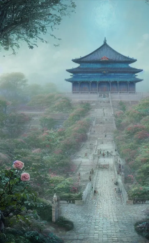 Image similar to vanishing point, palace covered with aqua blue roses like the forbidden city in distance at the red rose royal manor, viewed from afar, stephen bliss, misty, unreal engine, fantasy art by greg rutkowski, loish, ferdinand knab, and lois van rossdraws,, global illumination, radiant light, minimalist, detailed and intricate environment