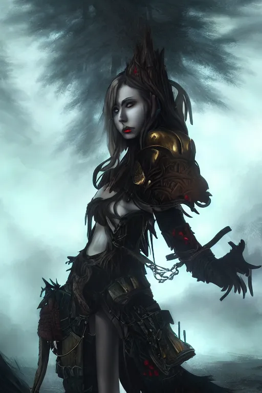 Image similar to dramatic atmospheric dark forest scenery, girl with vampire-fangs in hide leather armor, hyperdetailed, artstation, cgsociety, 8k