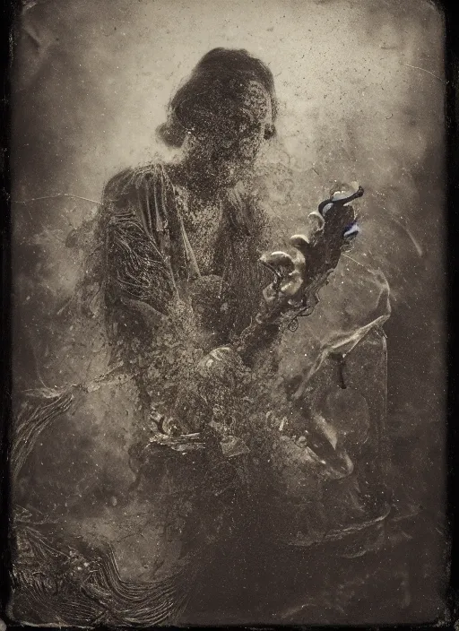 Prompt: old wetplate daguerreotype portrait, negative burn, explosion of data fragments, fractal, intricate, elegant, highly detailed, parallax, leica, medium format, subsurface scattering, by jheronimus bosch and greg rutkowski and louis jacques mande daguerre