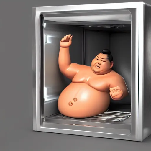 Prompt: 3 d render of a sumo wrestler trapped inside of a microwave