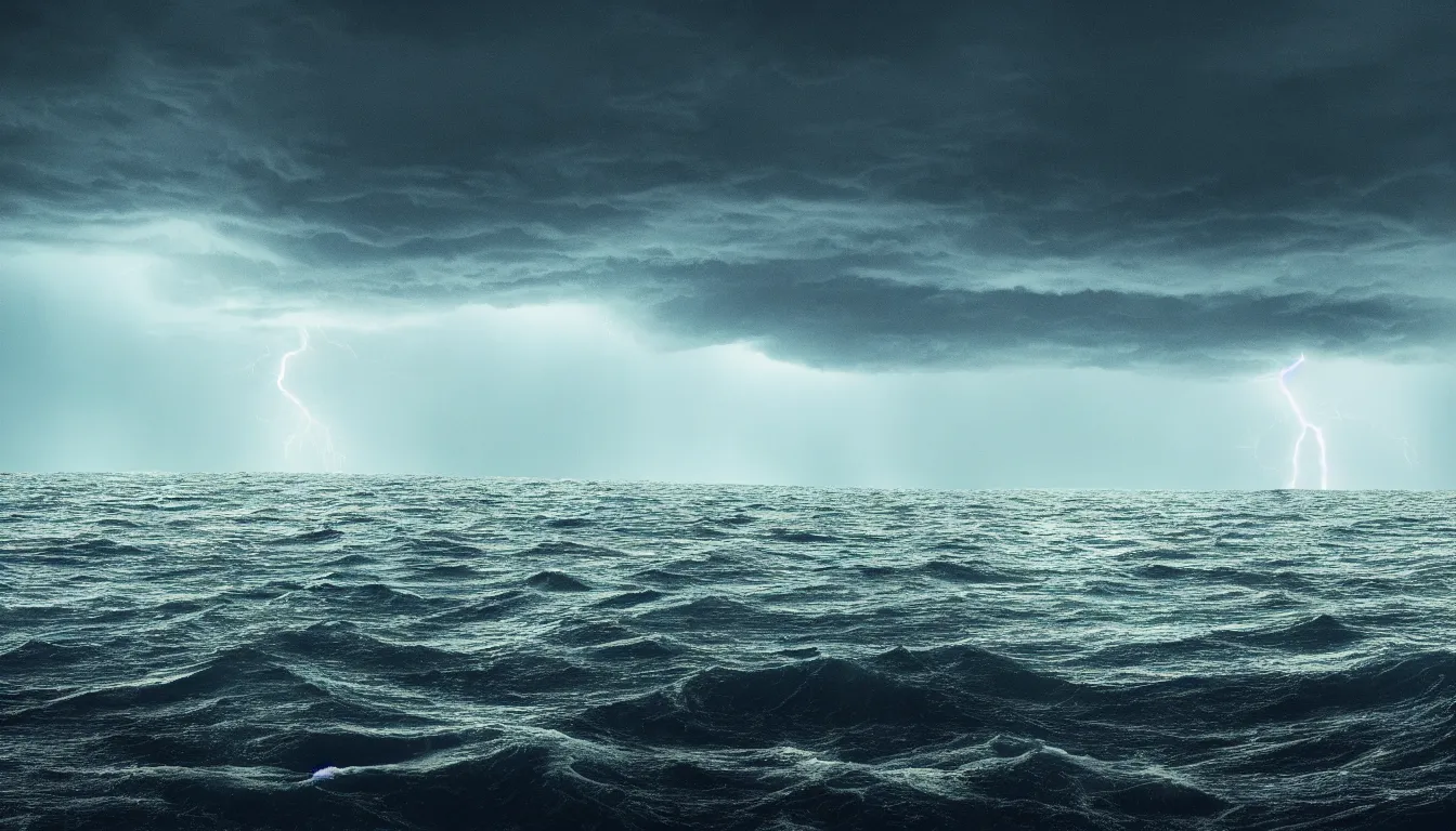 Image similar to lake, waves, nuclear rockets, strong wind, raining, distant thunder, atmospheric, scary, claustrophobic, ambient vibe, very detailed, high resolution, 8 k