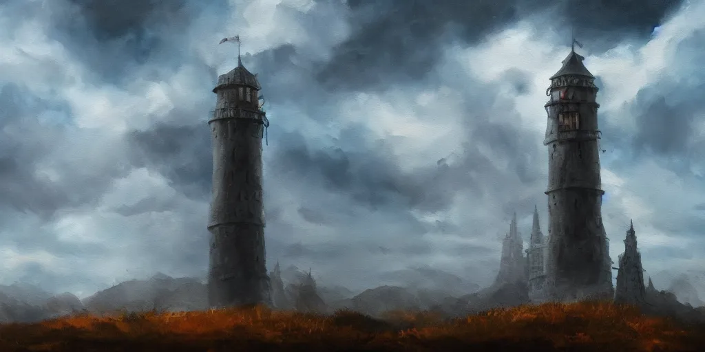 Prompt: a painting of a tower on the edge of forever, fantasy, hyper realistic, dramatic lighting, cinematic, 35mm lens, 2k,