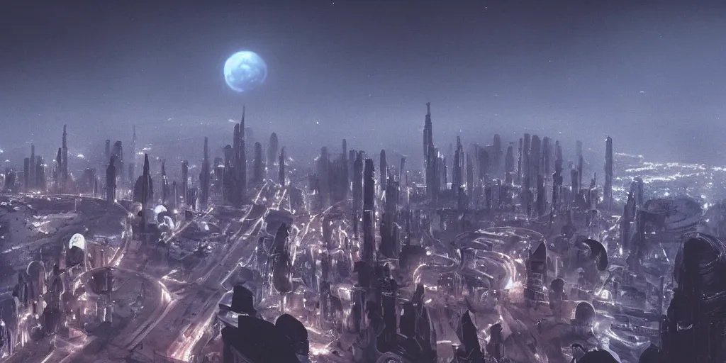 Image similar to cinematic shot of a city in the moon's hollow, russian orbit city cityscape, telephoto, iconic scene from the paranoid thriller sci fi film directed by stanley kubrick, anamorphic cinematography, beautiful composition, color theory, leading lines, photorealistic, moody volumetric lighting