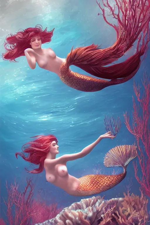 Prompt: beautiful mermaid swimming through coral reefs by charlie bowater