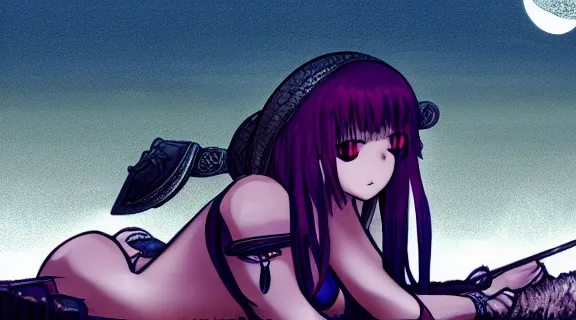 Prompt: scathach laying down leaning against a spear | Somber moon | Dungeon chamber Roman tiles with puddles and grass | Moonlit Night | strong blue rimlit | visual-key | anime illustration by Danmachi | highly detailed