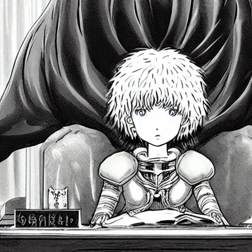 Prompt: griffith from berserk manga by kentaro miura sitting at his white house oval office desk