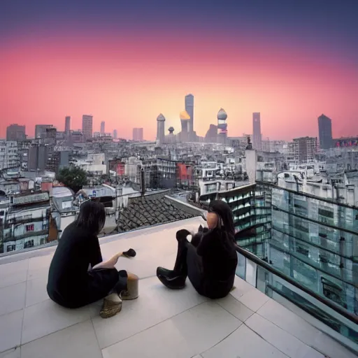 Image similar to a small rooftop with a couple of people sitting and watching the view, wearing black modern clothes, modern shanghai bund is on the background, sunset, by gregory crewdson