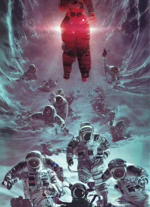 Image similar to astronauts in dark and empty void underwater poster - complex and hyperdetailed technical suit. reflection and dispersion materials. rays and dispersion of light. volumetric light. 5 0 mm, f / 3 2. noise film photo. flash photography. ultra realistic, wide angle. poster by wayne barlowe, hajime sorayama aaron horkey, craig mullins