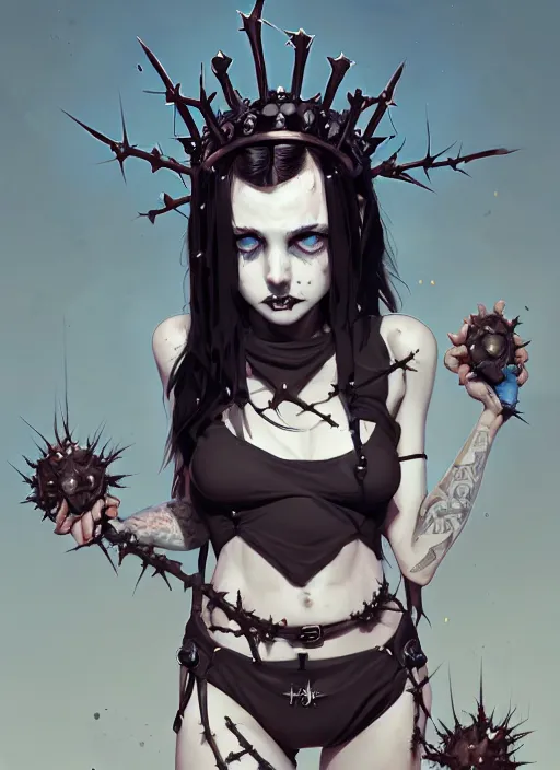 Image similar to portrait of cute goth maiden girl with crown of thorns and white short hairs, dressed in belts bikini, warhammer, cyberpunk, by atey ghailan, by greg rutkowski, by greg tocchini, by james gilleard, by joe gb fenton, by kaethe butcher, dynamic lighting, gradient light blue, brown, blonde cream and white color in scheme, grunge aesthetic