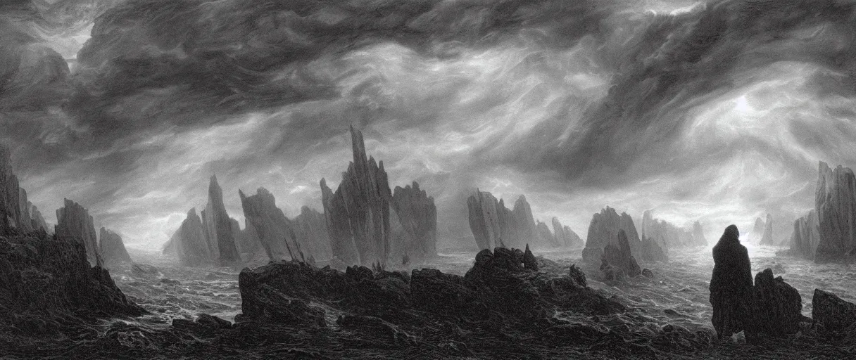 Image similar to an engraving portrait of cthulhu, caspar david friedrich, foggy, depth, strong shadows, stormclouds, illuminated focal point, highly detailed