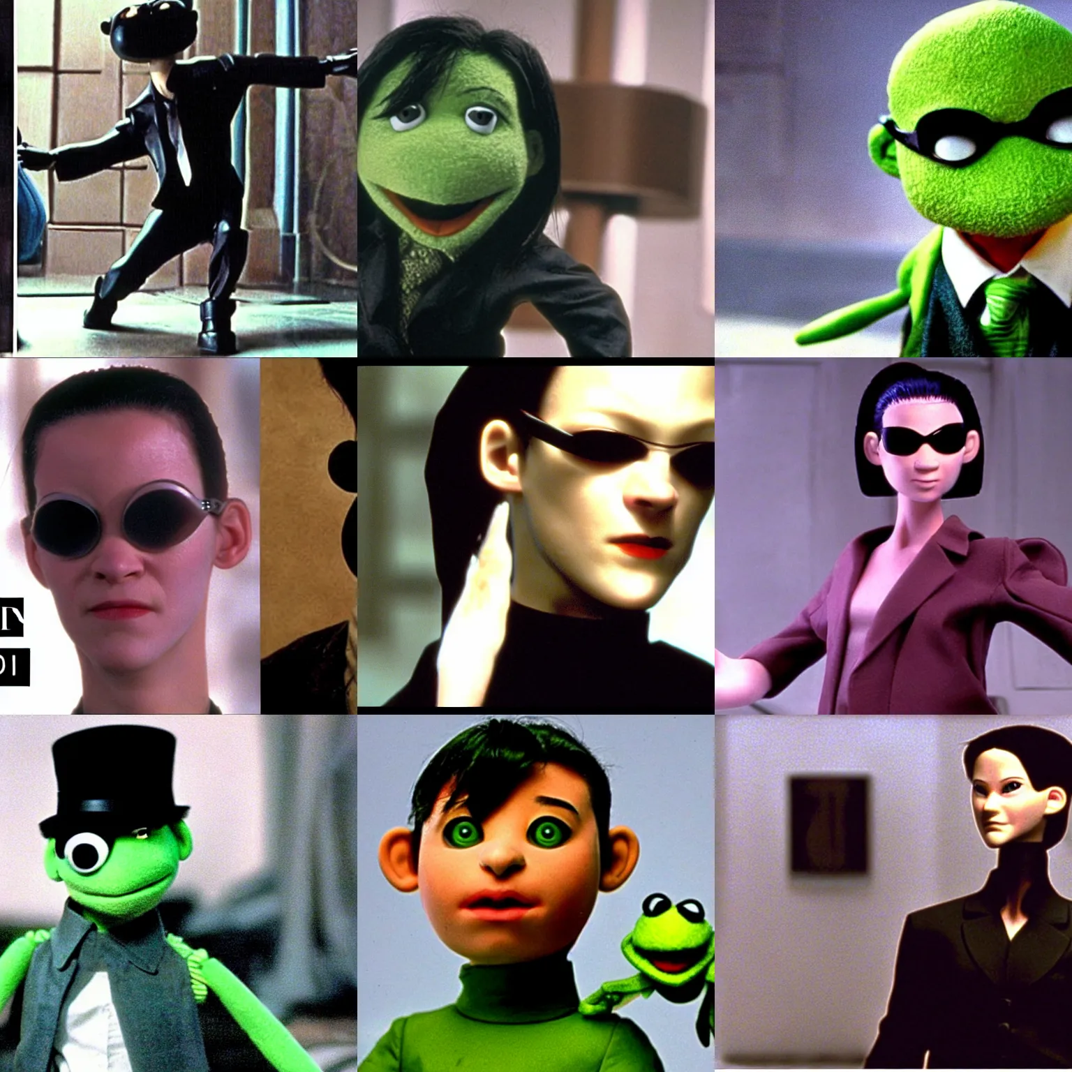 Prompt: A still of a character from the Matrix (1999) as a Muppet (1983)