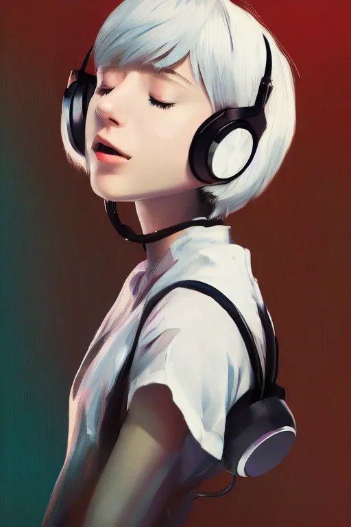 Prompt: a cute young woman listening to music with her eyes closed and wearing headphones, white bob cut hair, freckles, vivid colors, soft lighting, cinematic, moody, nier automata, poster, oil on canvas, in the style of Ilya Kuvshinov, 8k