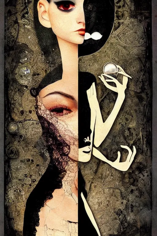 Prompt: Collage art combines a beautiful woman with a symmetrical face with a moon, cat and heart, surreal, beautiful,steampunk style dave mckean , beautiful and creepy , silkscreen, textures, perfect geometry , epic composition, golden ratio, high quality printing