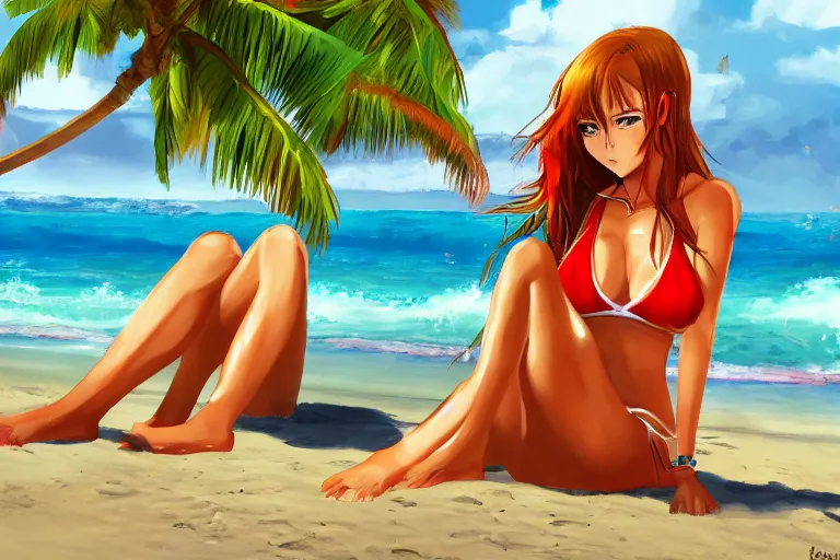 Prompt: concept art, painting of woman in bikini on costa rica beach, digital anime art, good lighting,