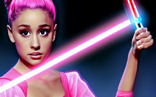 Image similar to A hyper realistic photo of Ariana Grande in the Star Wars universe with two pink lightsabers. Maximum detail on artstation, photo realism