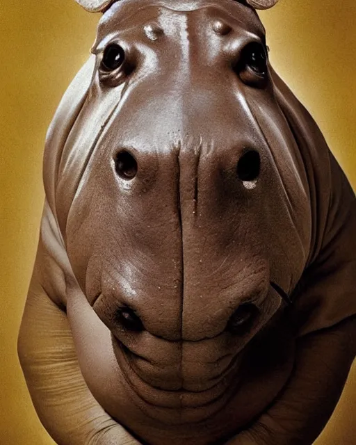 Image similar to madonna ciccone as an African Hippo, Photorealistic, photographed in the style of Annie Leibovitz