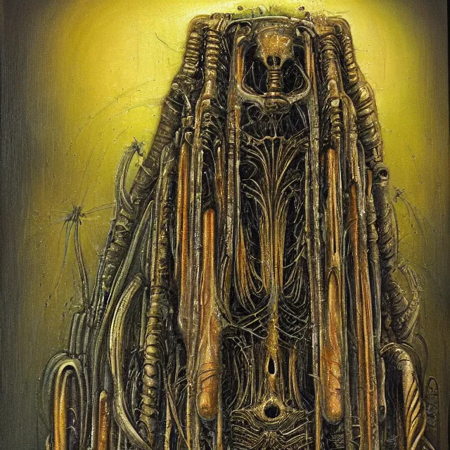 Image similar to biomechanical monolith worshipped by spiders by HR Giger, oil painting, chromatic aberration