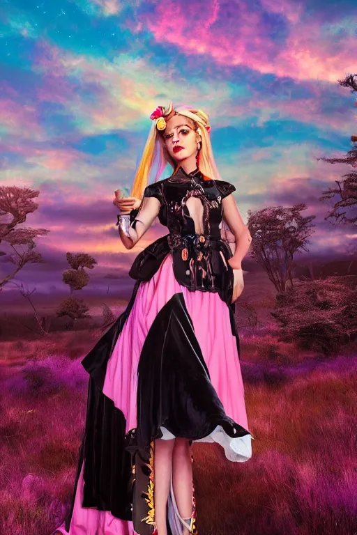 Image similar to Ethereal safari landscape with a pink rainbow sky under a goddess moonstone, black leather and embroidered Lolita dress in velvet, rich color, dramatic cinematic lighting, featured on Artstation, extremely detailed by Lisa Frank