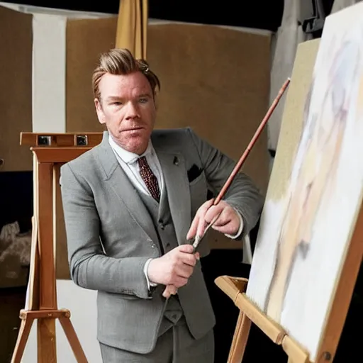 Image similar to ewan mcgregor is dressed as a gentleman at early 2 0 th century paris. he is watching an easel. that easel has a canvas on it. ewan mcgregor has a brush on his hand. he is painting a painting. realistic painting with strong outlines