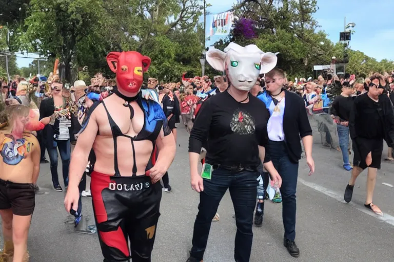 Prompt: elon musk dressed as cowbay at gay parade