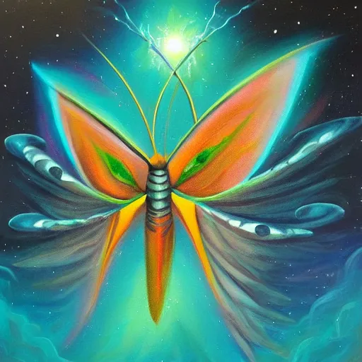 Prompt: galactic moth, acrylic painting, evocative surrealist art, trending on artstation