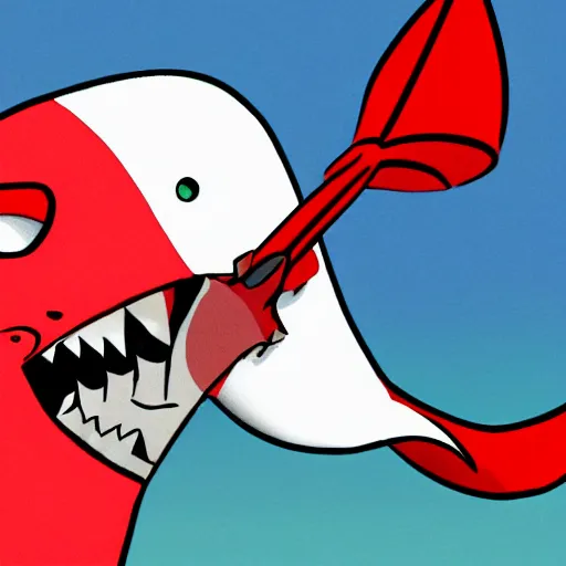 Prompt: red cartoon shark wielding a red samurai sword