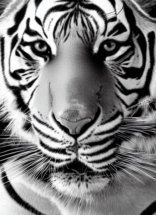 Image similar to a black and white photo of a tiger, a photorealistic painting by christian w. staudinger, behance, hyperrealism, hyper realism, majestic, wallpaper