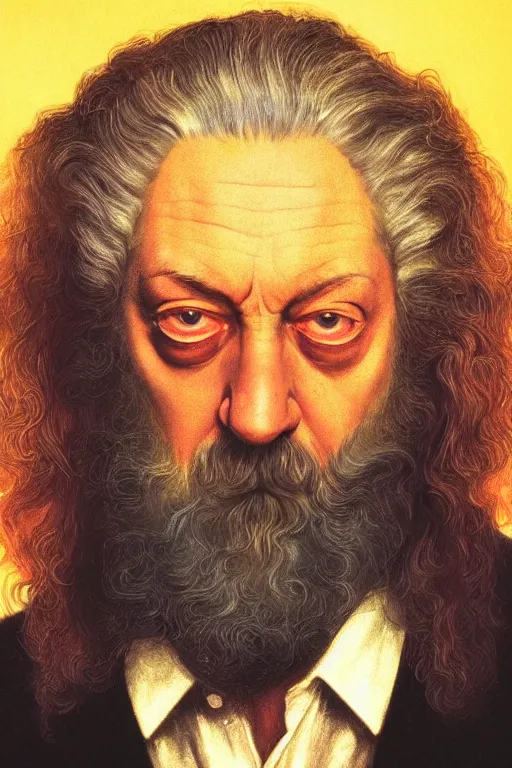 Prompt: a close-up portrait of Alan Moore, dramatic backlighting, golden hour, autochrome, high contrast, highly detailed, sharp focus, digital painting, concept art, illustration, rock, chiaroscuro, trending on artstation, art by greg rutkowski and michelangelo, composition by Raphael and Caravaggio