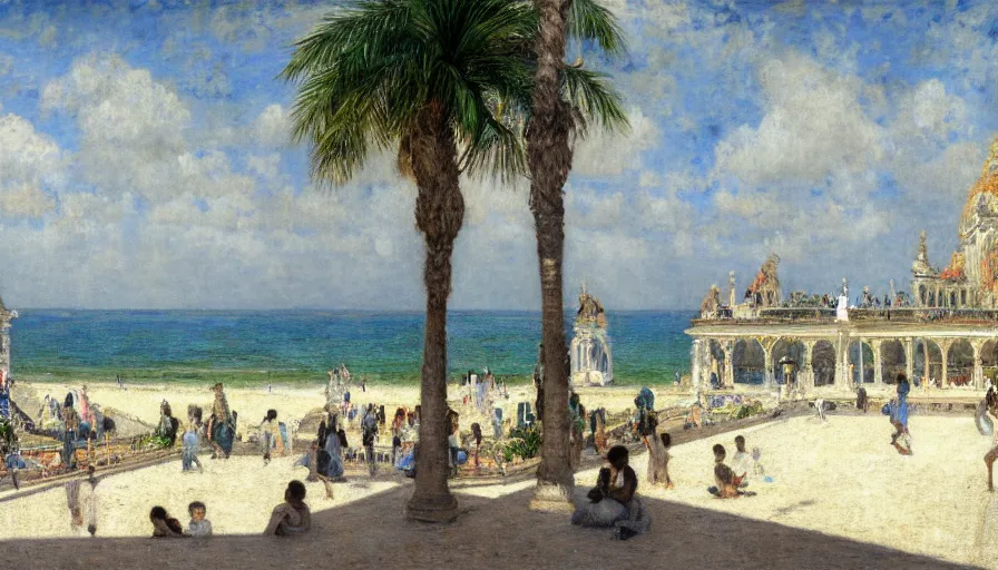 Image similar to a ultradetailed beautiful painting of the amazonas palace balustrade designed by jules bastien - lepage, hans belmer, frank weston and gustave baumann, beach, trending on artstation, mediterranean, palm trees, refracted color sparkles, sharp focus, soft light, 8 k 4 k